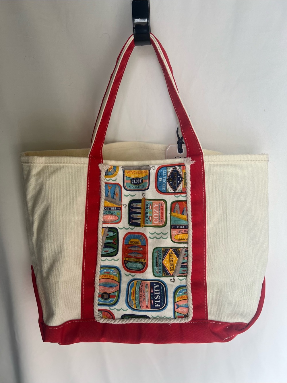 New Handcrafted: Canvas Tote Bag with Red Trim and Patterned Front Pocket